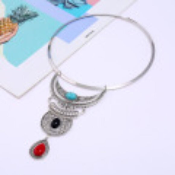 #046 Multi-layer Vintage Faux Turquoise With Diamonds Bohemian Necklace - Picture 3 of 5